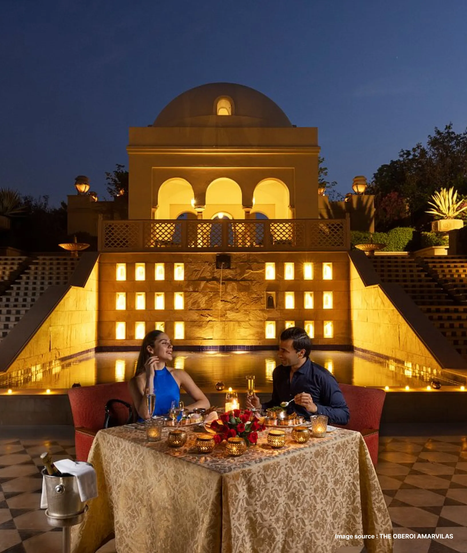 a couple enjoying a private gourmet dinner at the oberoi amarvilas hotel