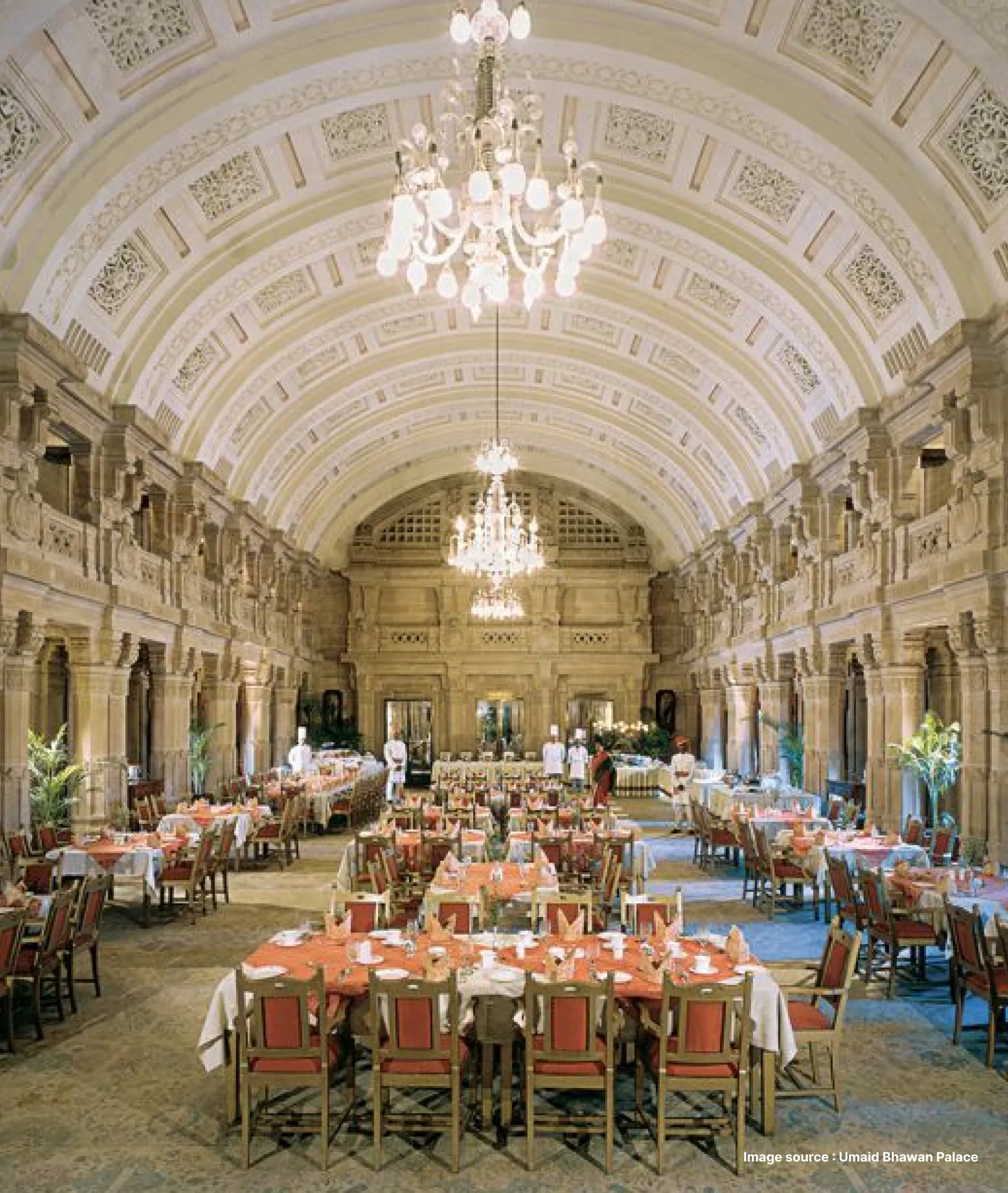 a royal dining hall with white accent and a chandelier