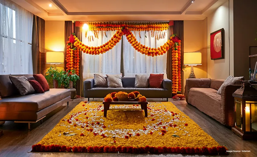 this image is showing a decorated living room for diwali