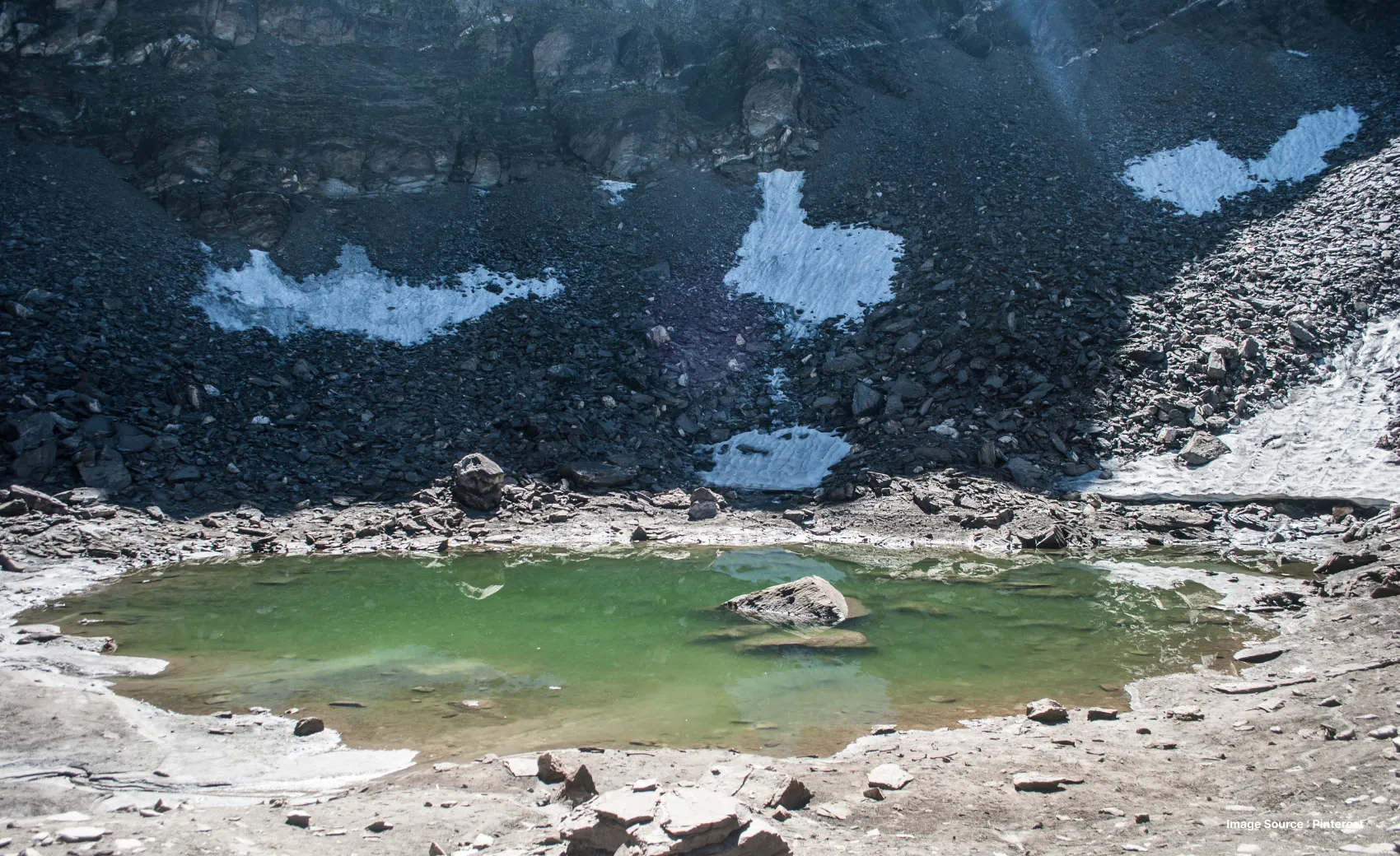 a mysterious looking lake among the mountains known for having skeletal bones