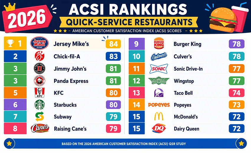 2026 ACSI quick-service restaurant rankings chart showing Jersey Mike's leading with a score of 84, followed by Chick-fil-A (83) and Jimmy John's/Panda Express (81).