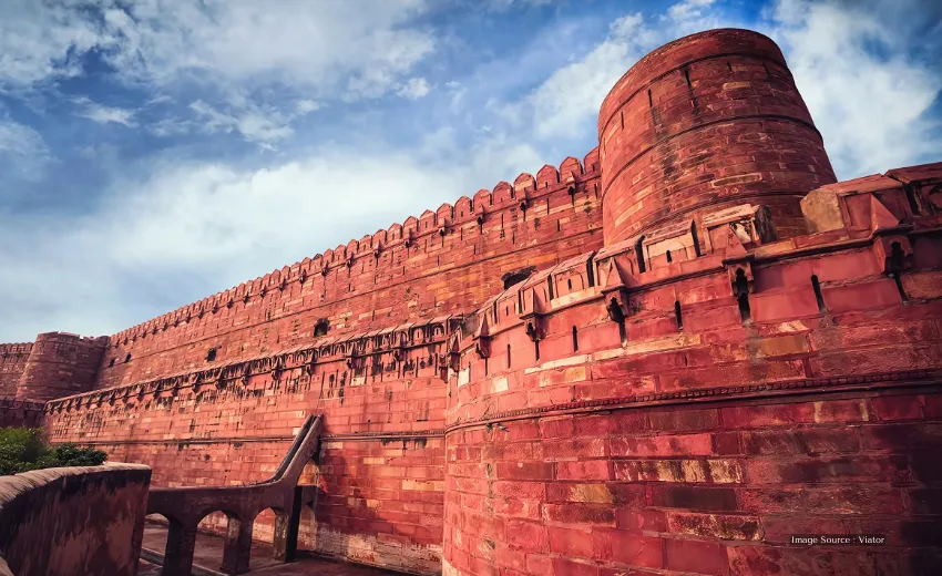 Majestic red sandstone walls of Agra Fort, an architectural highlight on every Agra tour.