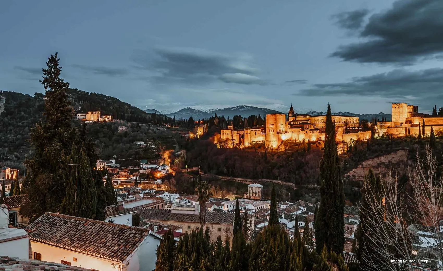 aerial shot of the granada cityscape with lit up alhambra palace