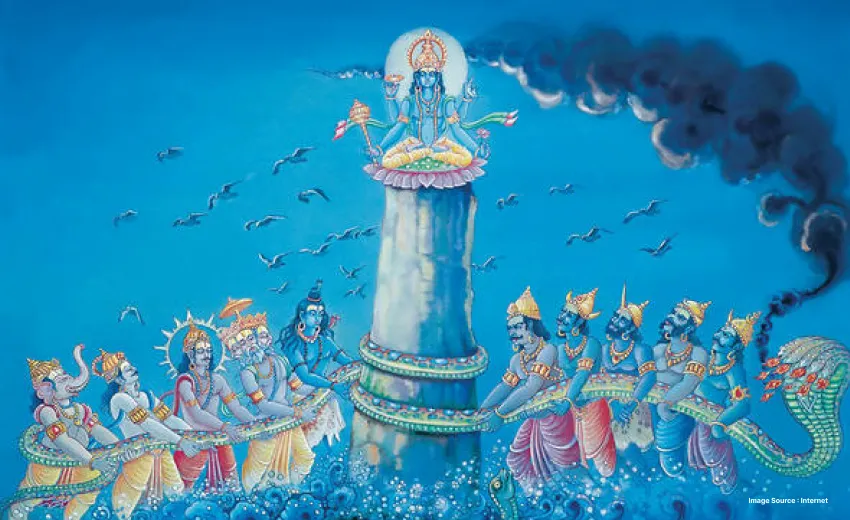 an illustration of the churning of the ocean legend of hindu lords