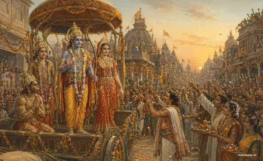 This image is showing lord Rama returning back to Ayodhya and being welcomed by the people of Ayodhya
