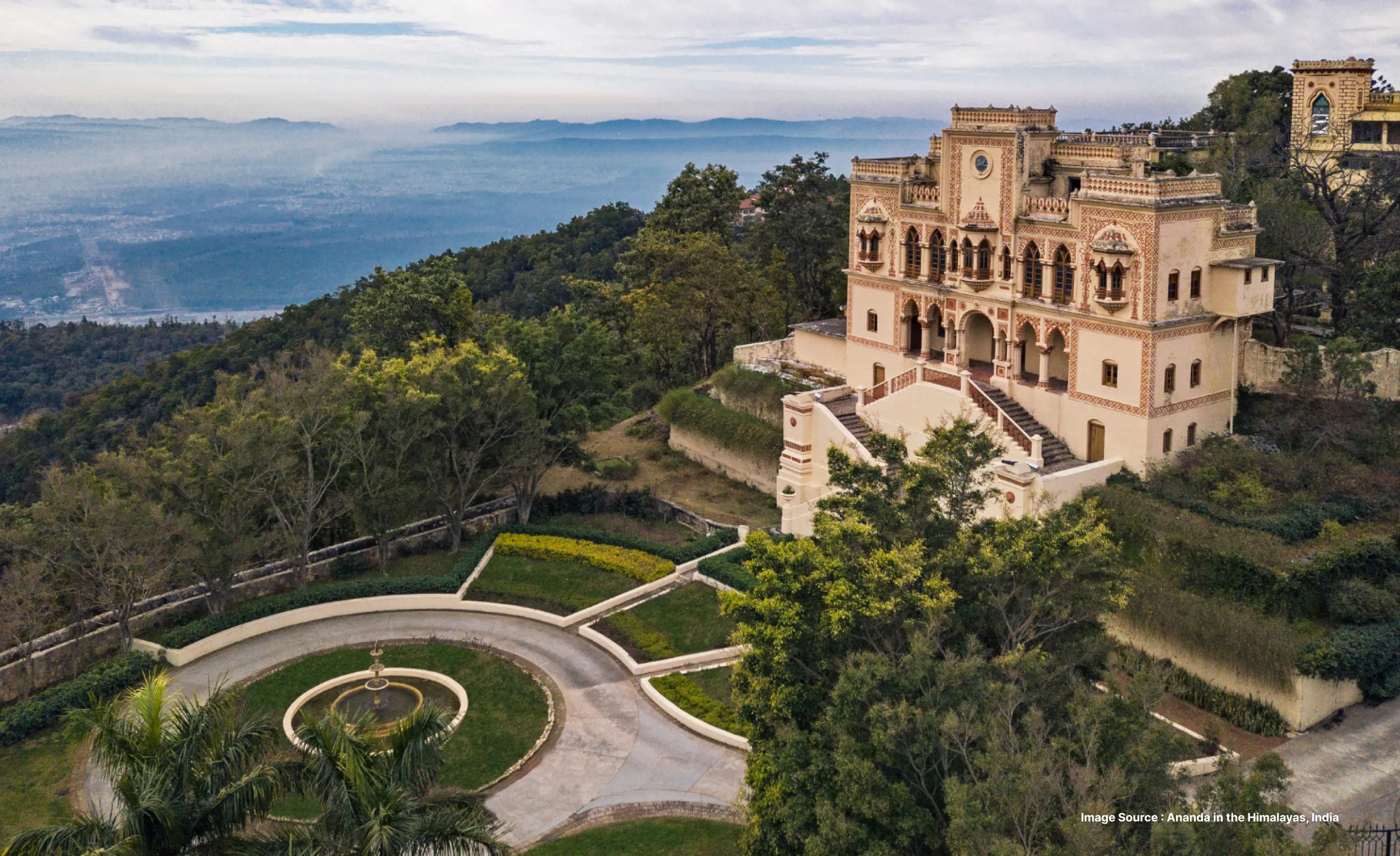A panoramic view of a mountain resort Ananda in the Himalayan range of India