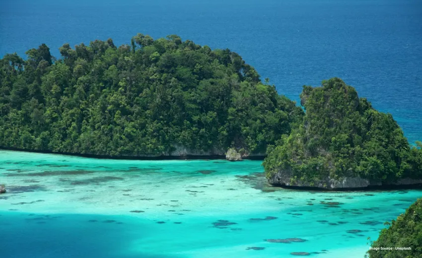 lush green islands in middle of clear blue waters