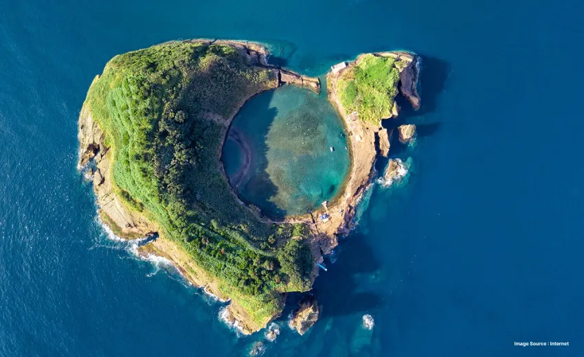 drone view of the circular shaped lake in the azores