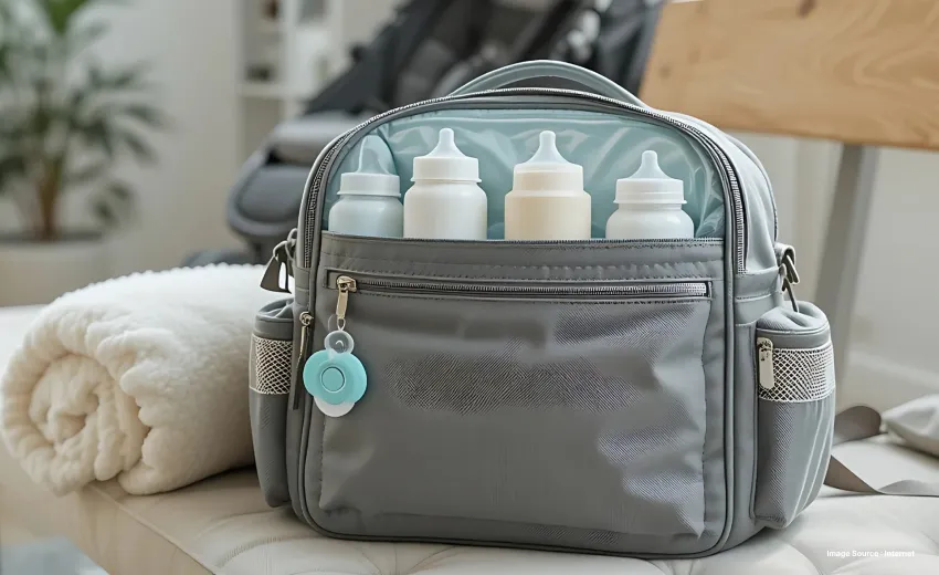 a neat grey pouchshowing liquid bottles packed for a vacation in a home setting