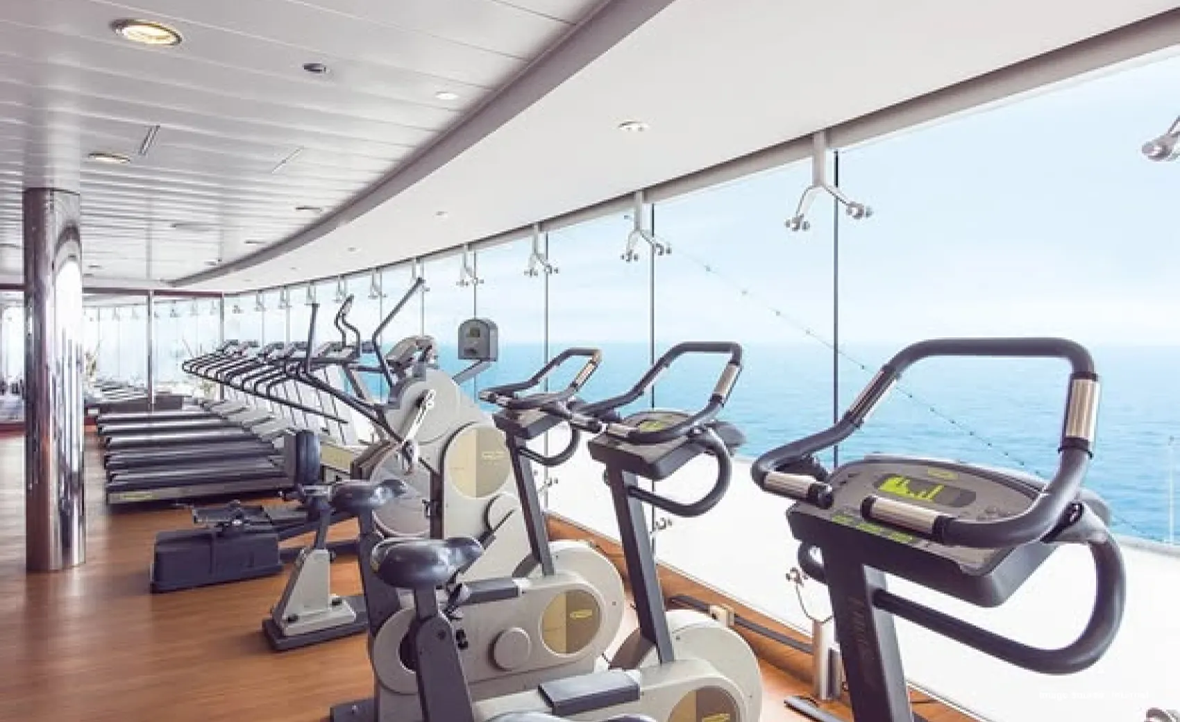 inside view of a gym equipped with treadmills and cycles on a cruise ship with a view of the water