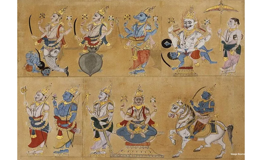an ancient illustration of the ten avatars of the hindu lord vishnu