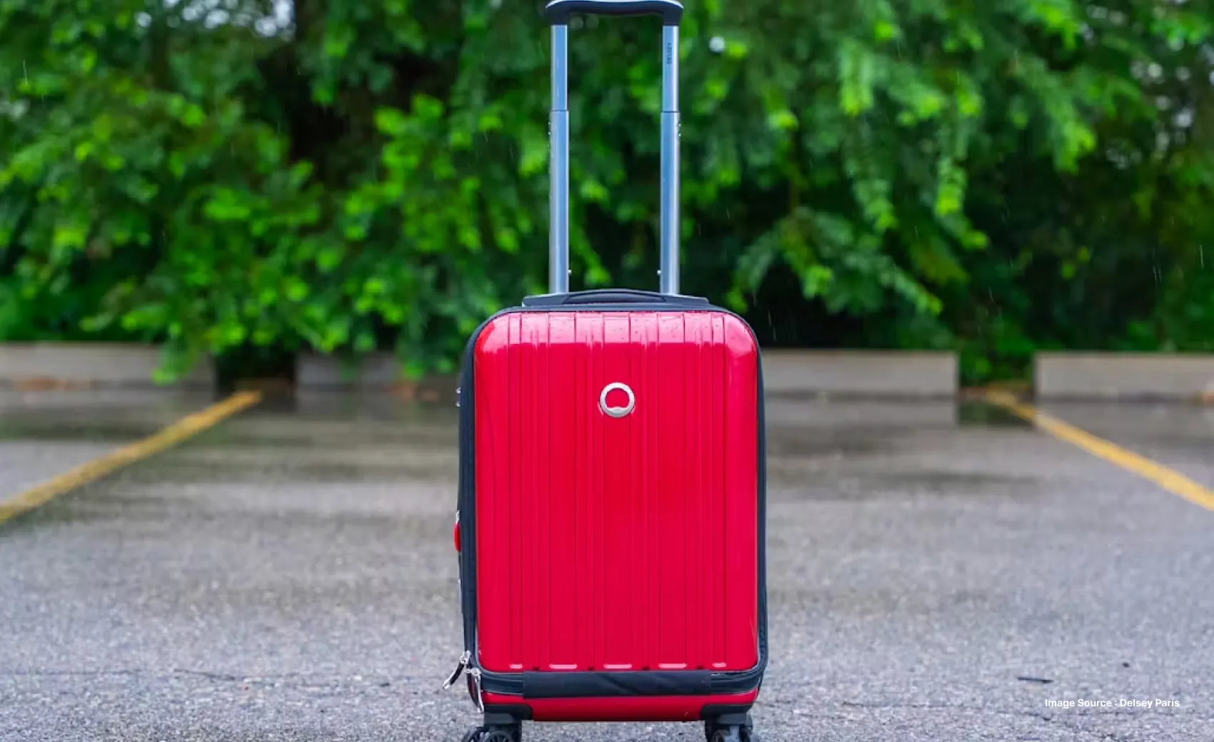 a red hard shell suitcase on a road with green bushes in the background