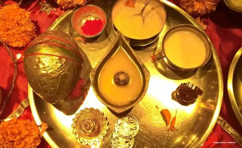 A Puja thali, showing the various acruatements for Puja