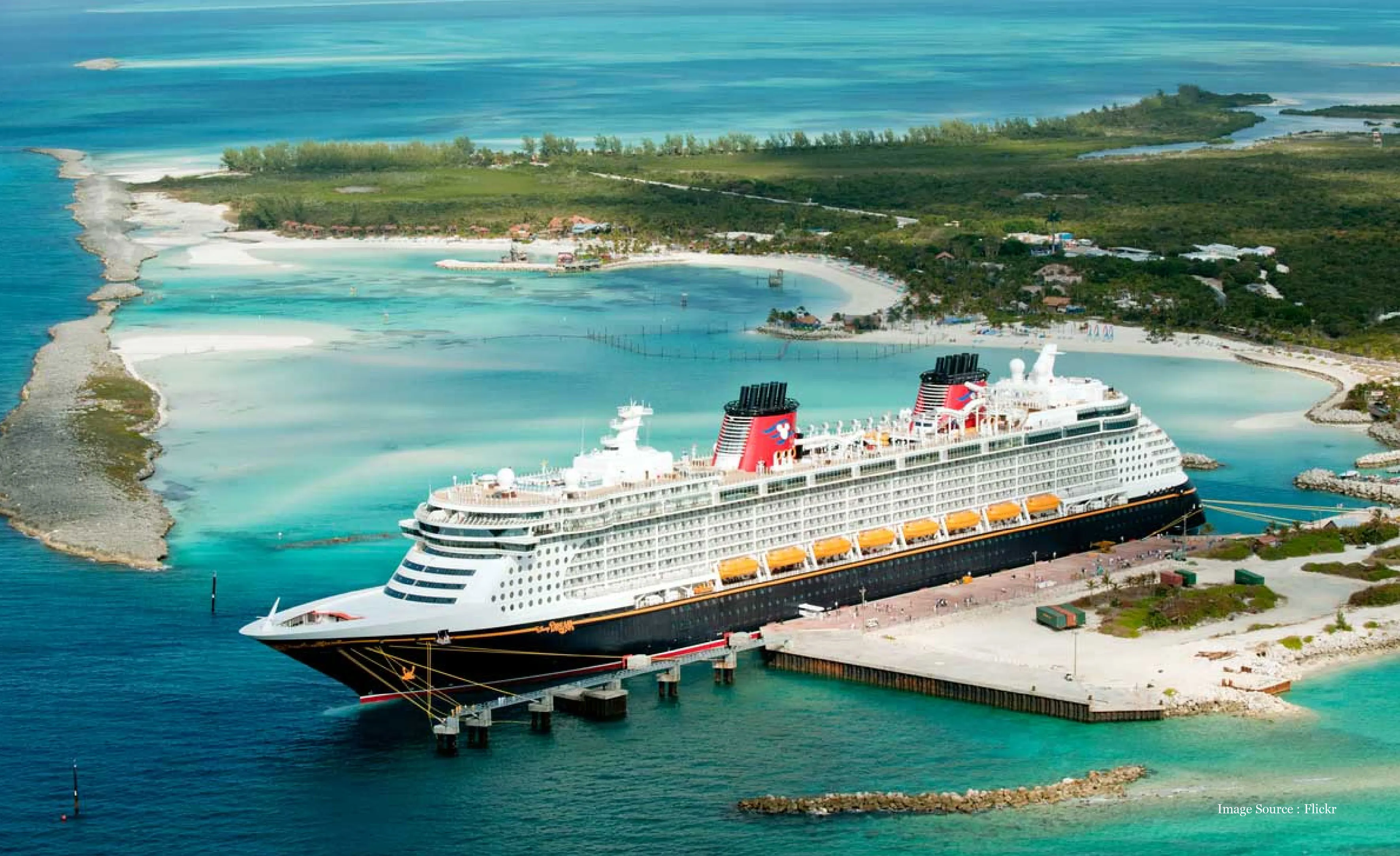 Large Disney cruise ship docked at a tropical island port with turquoise waters, white sandy beaches, and lush greenery in the background.