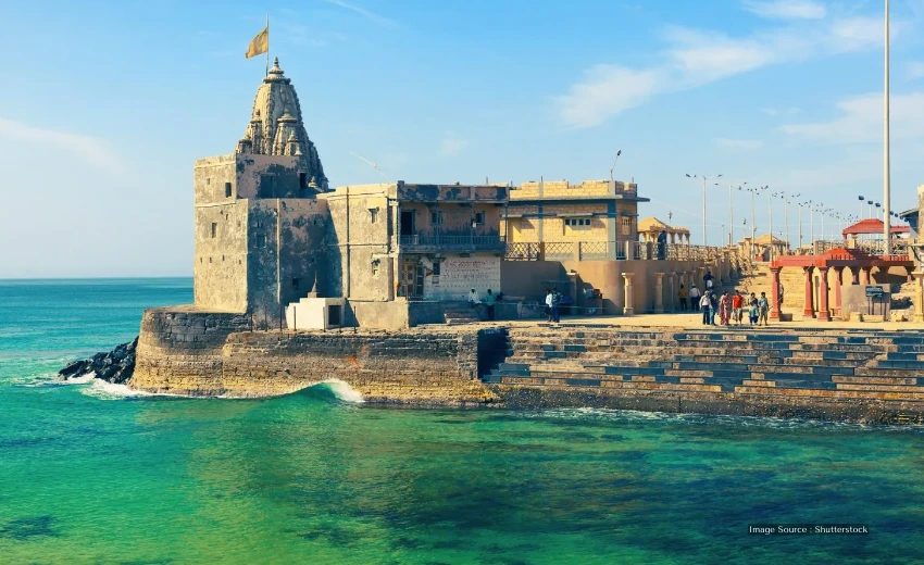 Scenic view of Dwarkadheesh Temple beside the sea as part of an Indian temple tour