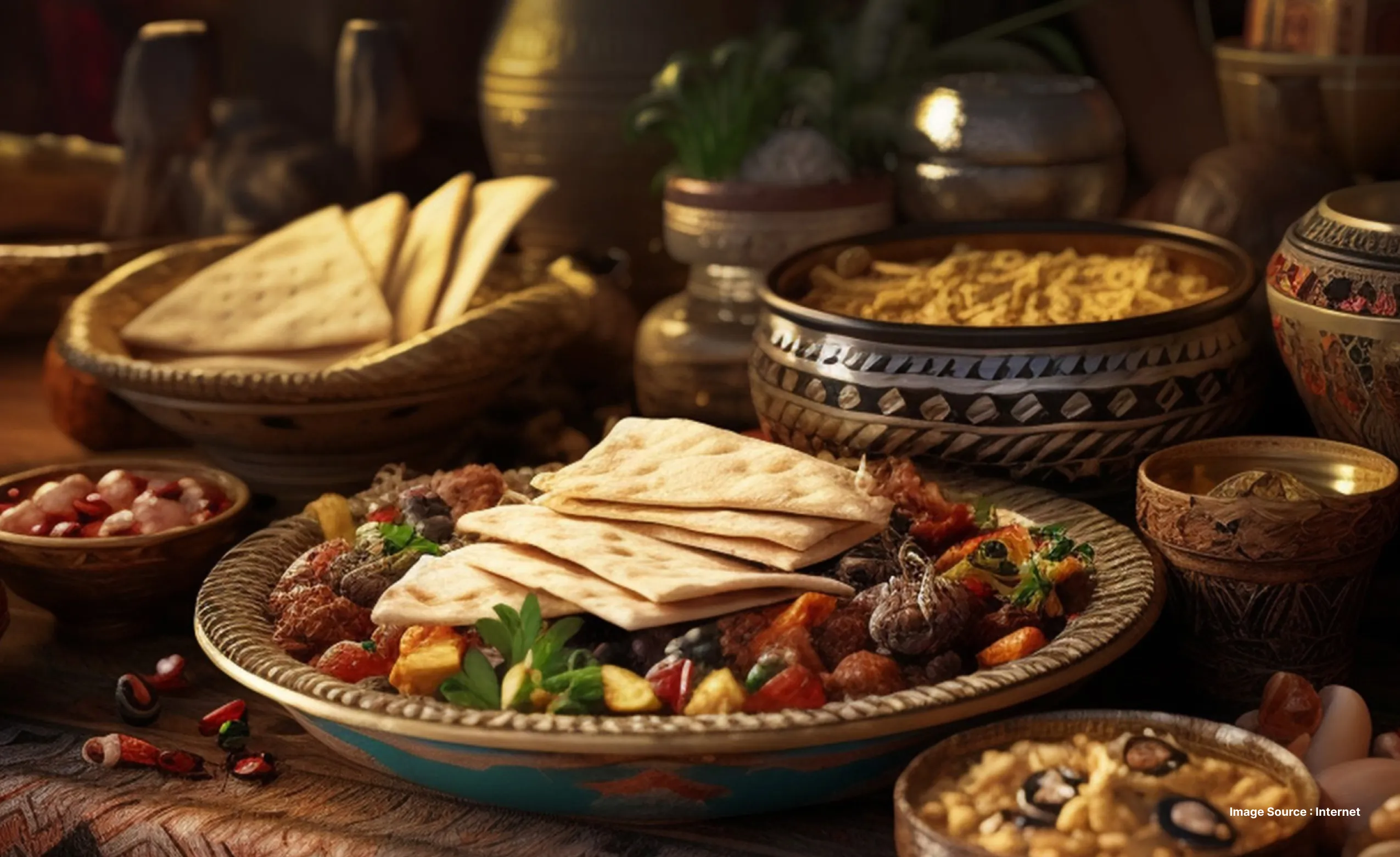 a rustic table setting with a delish spread of egyptian food with koshari and other side dishes