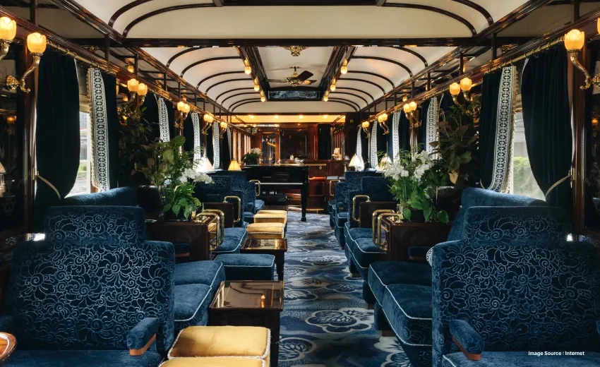 beautiful interiors with blue upholstery of a european train