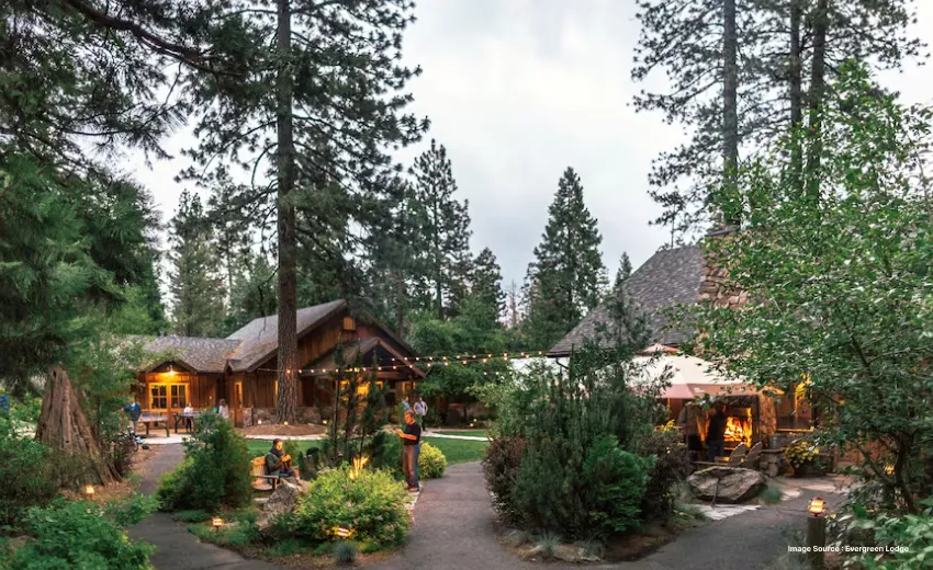 cozy cottage style rustic cabins lit up with golden fairy lights in a forest with tall pine trees