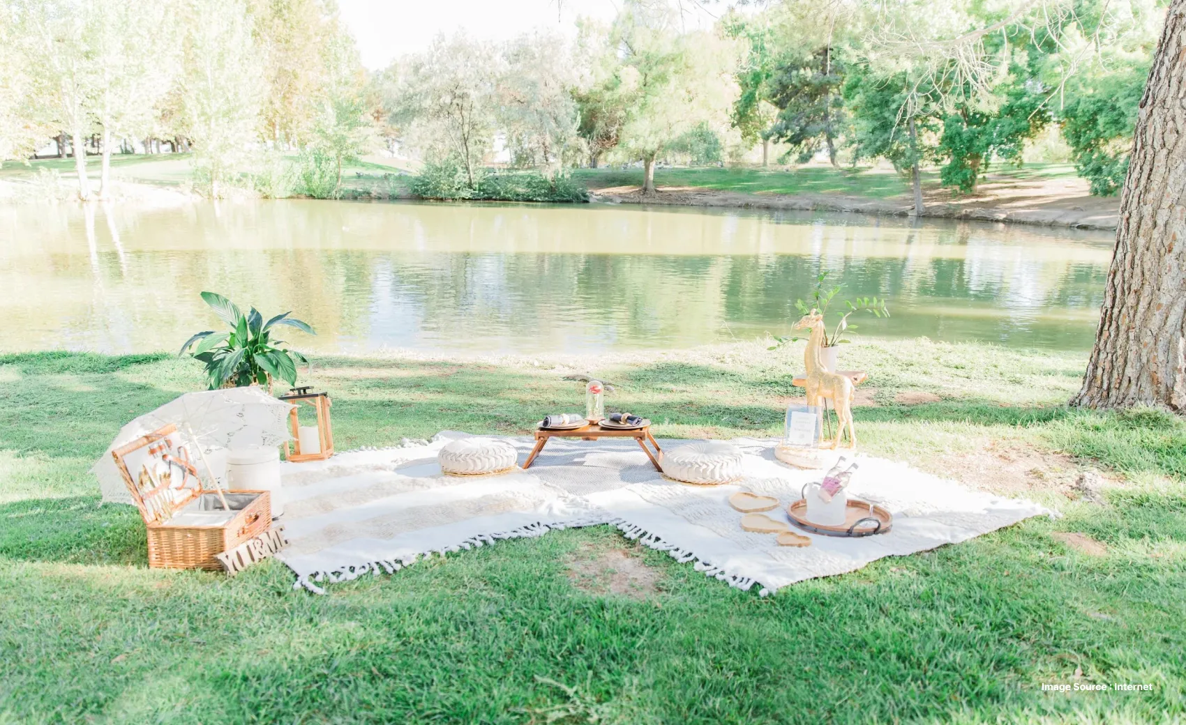 a picnic set up by the pond with white blanket and wooden decor