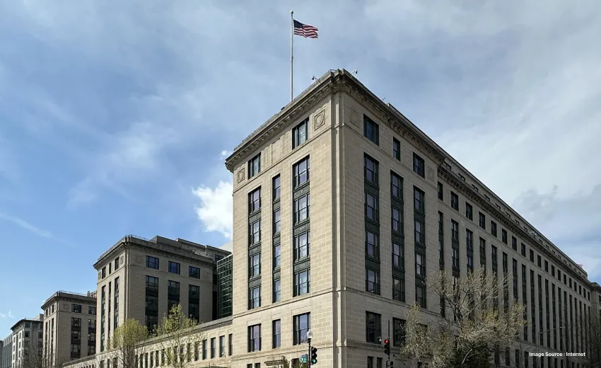 Government building with American flag in a city center