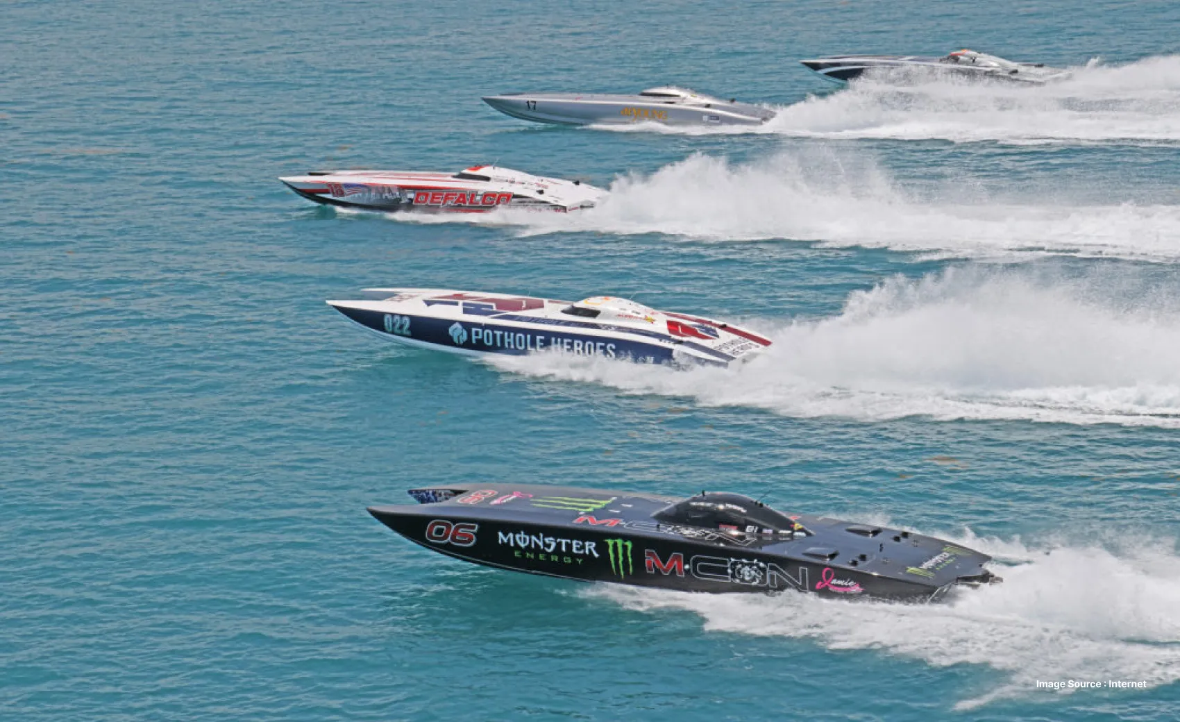 three powerboats speeding in a race on water