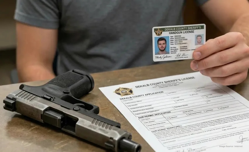 a person showing up their handgun license in front of a table where a form lies besides a handgun