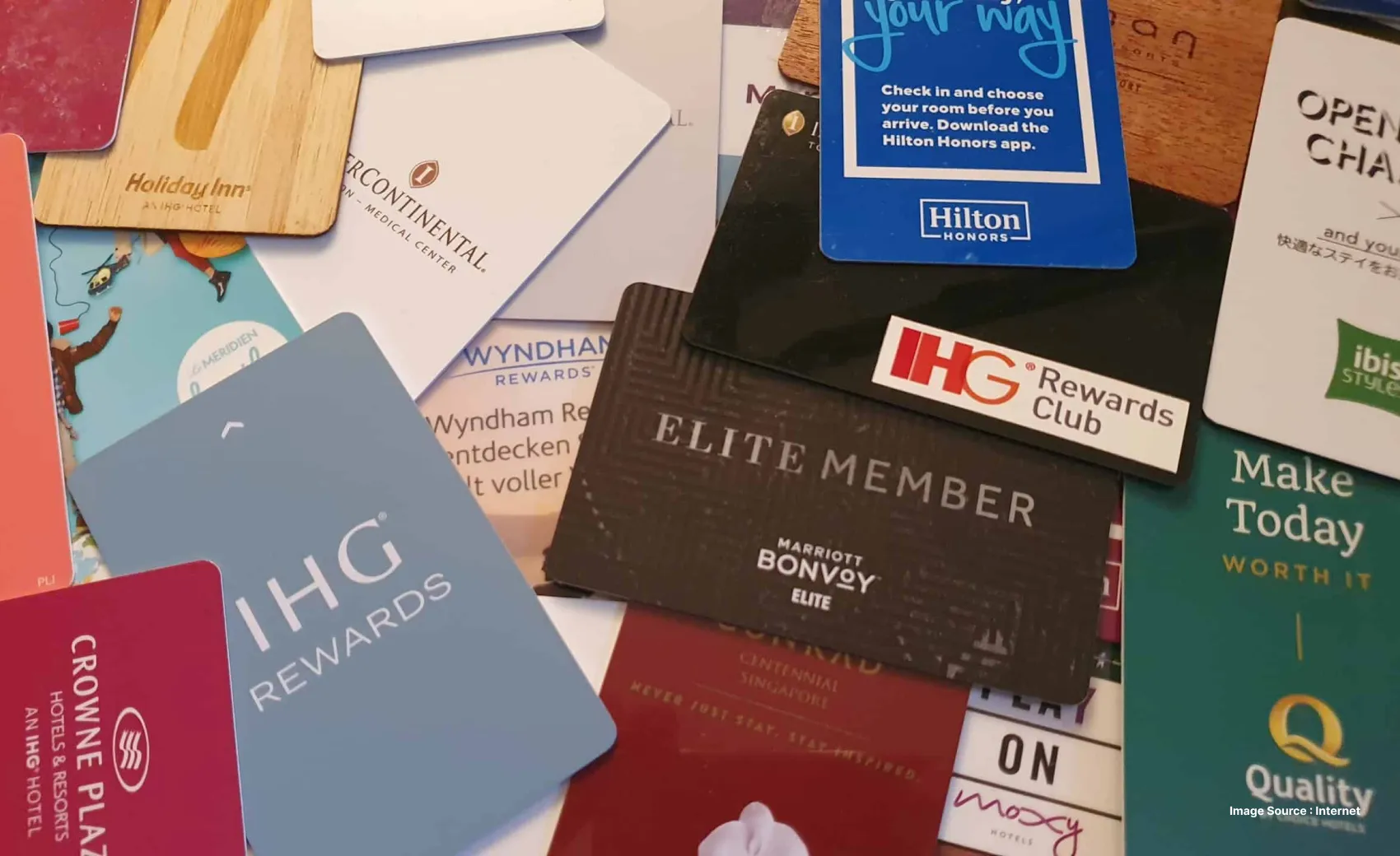 a collection of hotel loyalty program cards laid out including holiday inn, IHG, etc