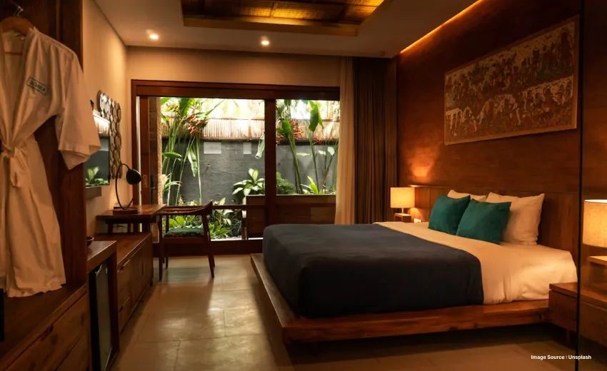 Luxury hotel room with modern interior and garden view