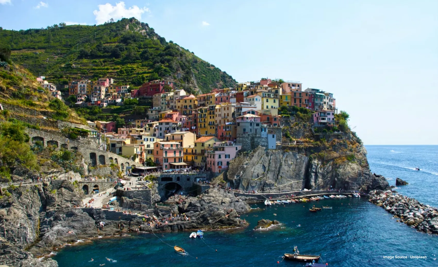 colourful buildings on a hill in a coastal town with boats, coming close to the shore