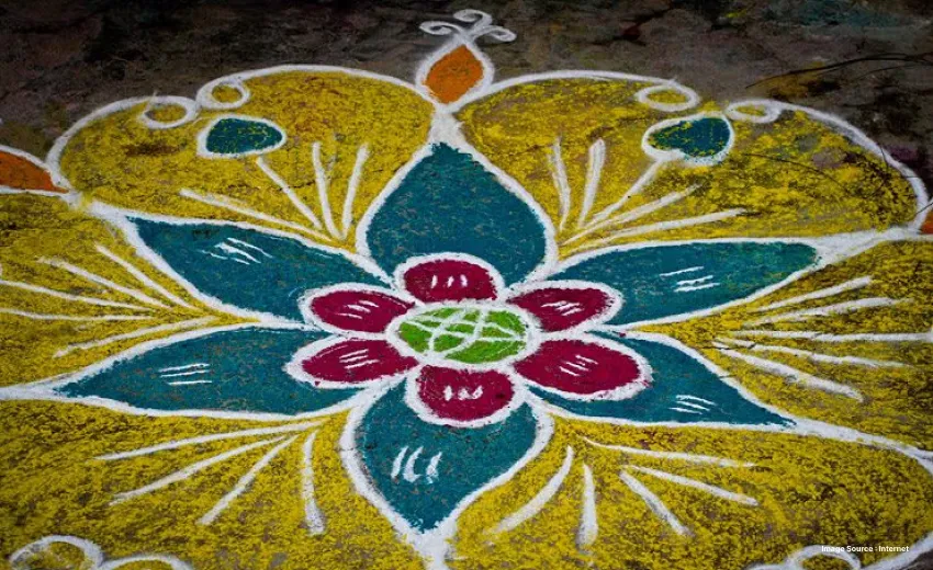 close up shot of a rangoli - a decorative art form for floors in india