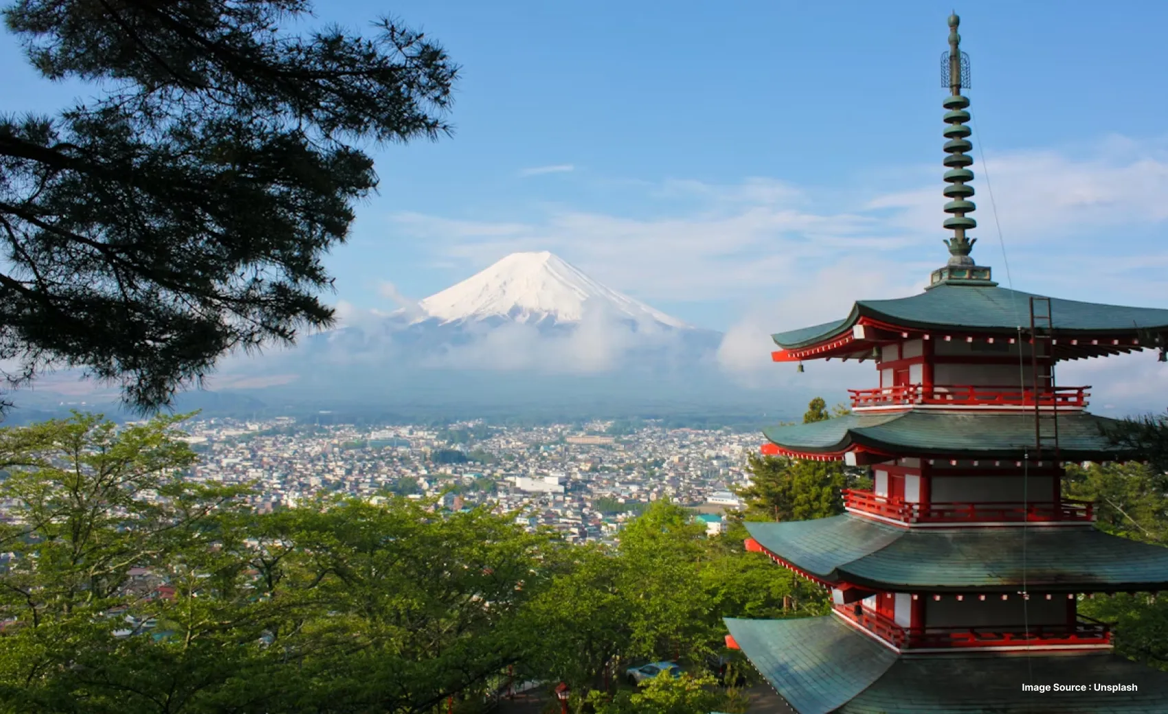 A Japanese temple with a gorgeous view of Mount Fuji and the city down below