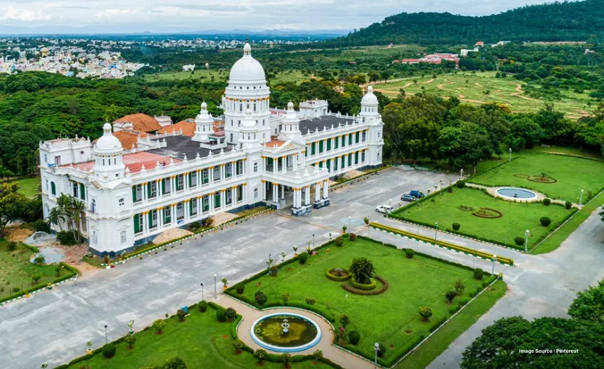 aerial view of the white building of lalitha palace in mysore