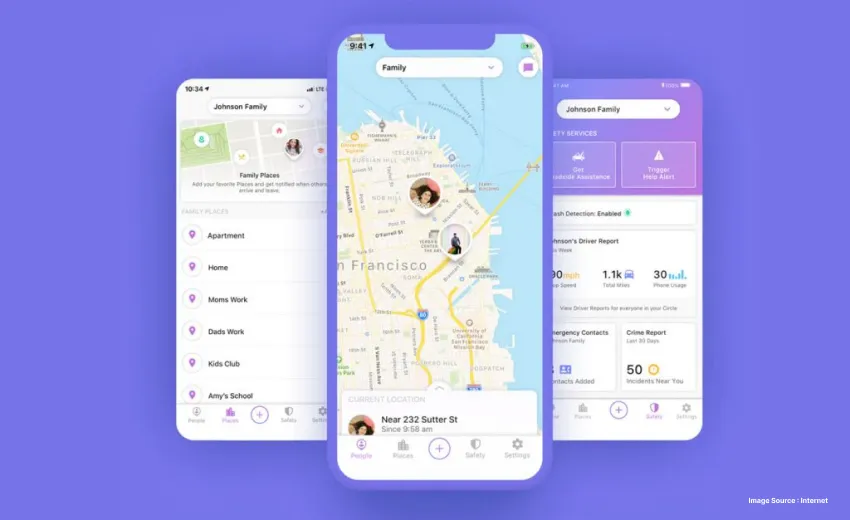 screenshots of a family safety and location tracking app on a purple background