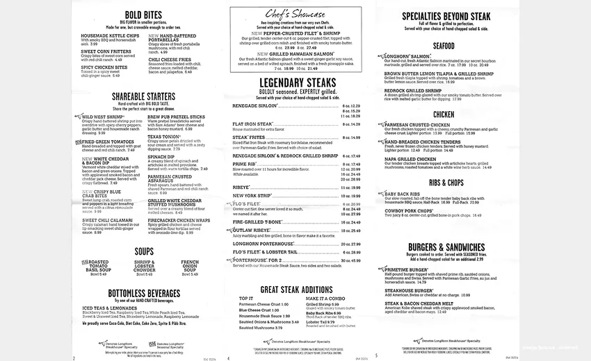 The full, black and white menu of longhorn steakhouse