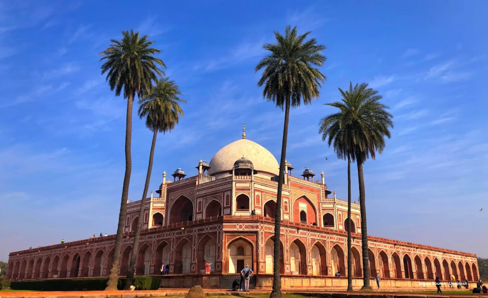 a side angled view of the humayun's tomb surrounded by tall palm trees