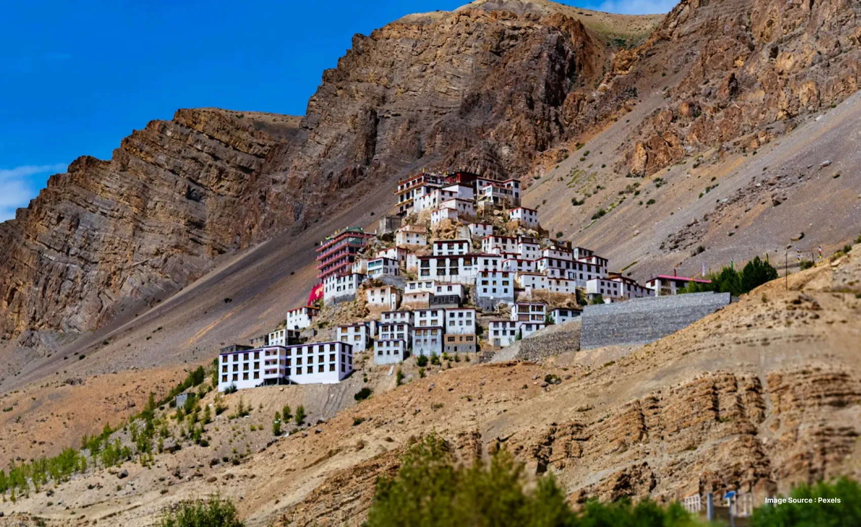 a dry rugged hill with fascinating white buildings on a valley in leh
