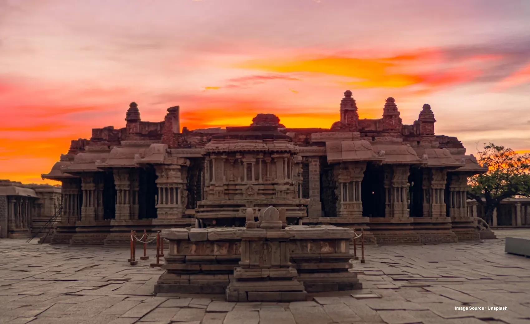 ancient temple in india at sunset in hampi with stones