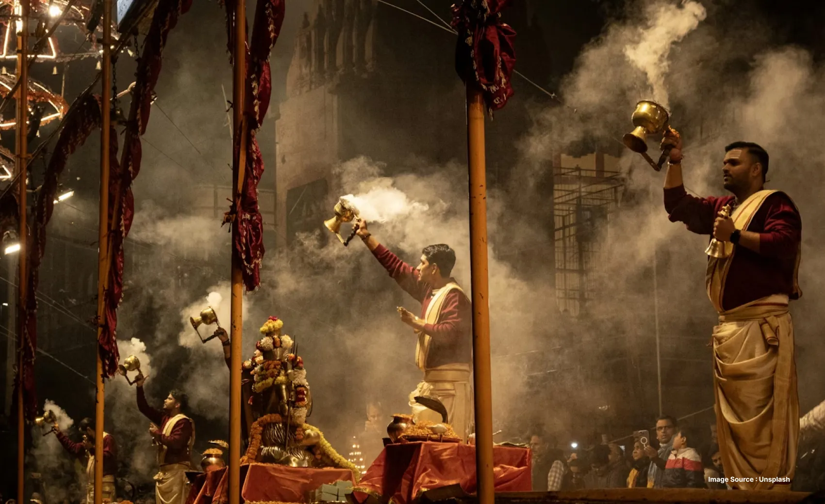 the famous ganga aarti with a group of pandits worshipping with prayer lamps