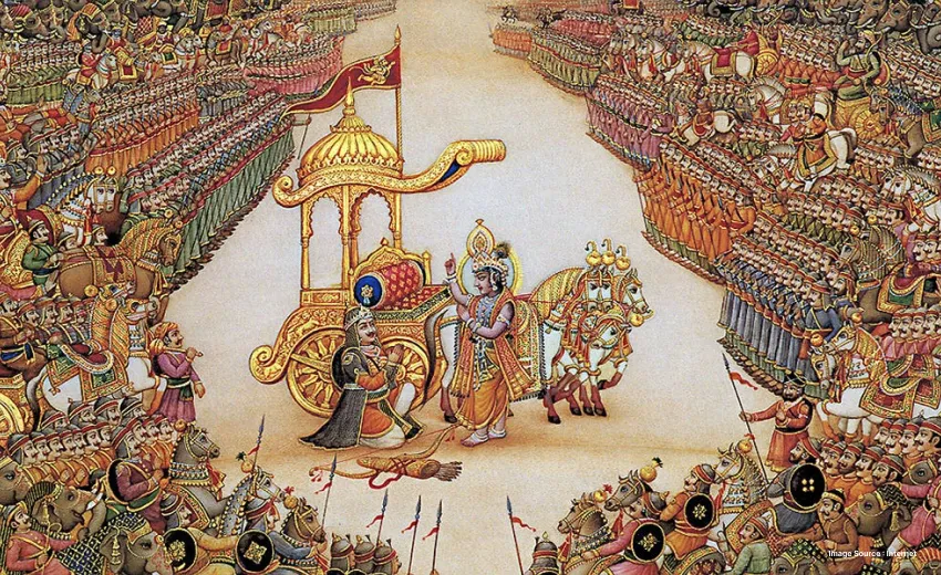 an ancient illustration of the hindu epic mahabharat with lord krishna and arjun on the battlefield