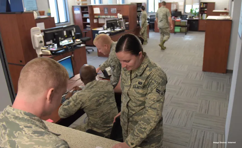 Military personnel working in an administrative office