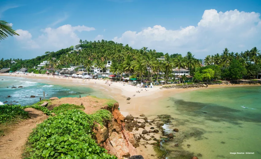 a lively beach with greenery and tourists enjoying at a distance