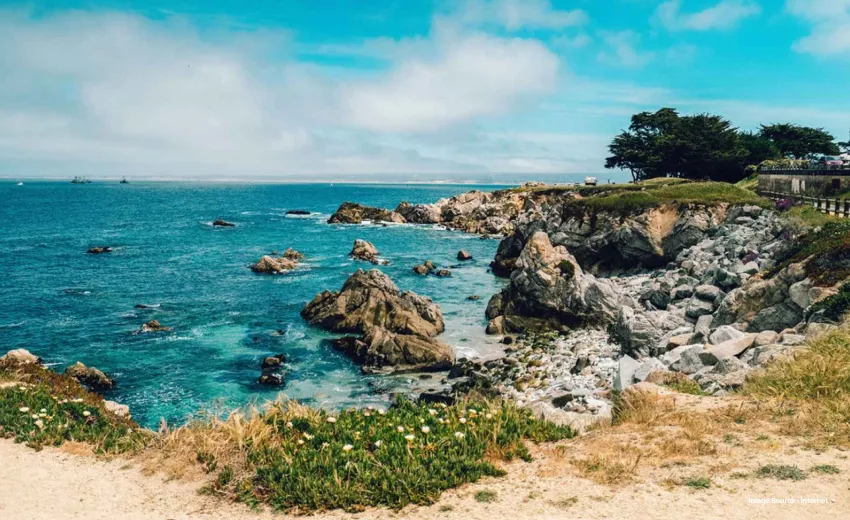 aerial shot of monterey bay shore with rock formations