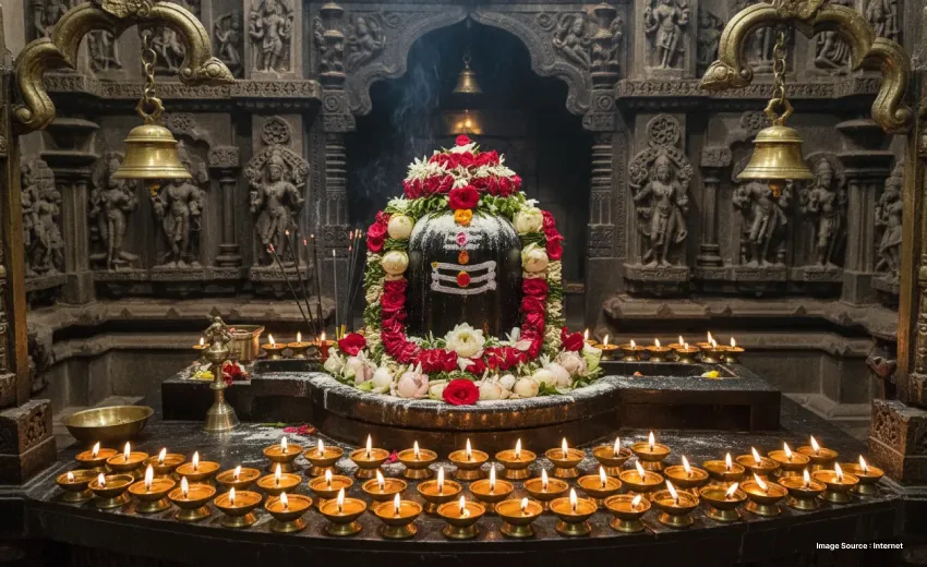 an image of a shiva murti adorned by oil lamps in rows in front of it