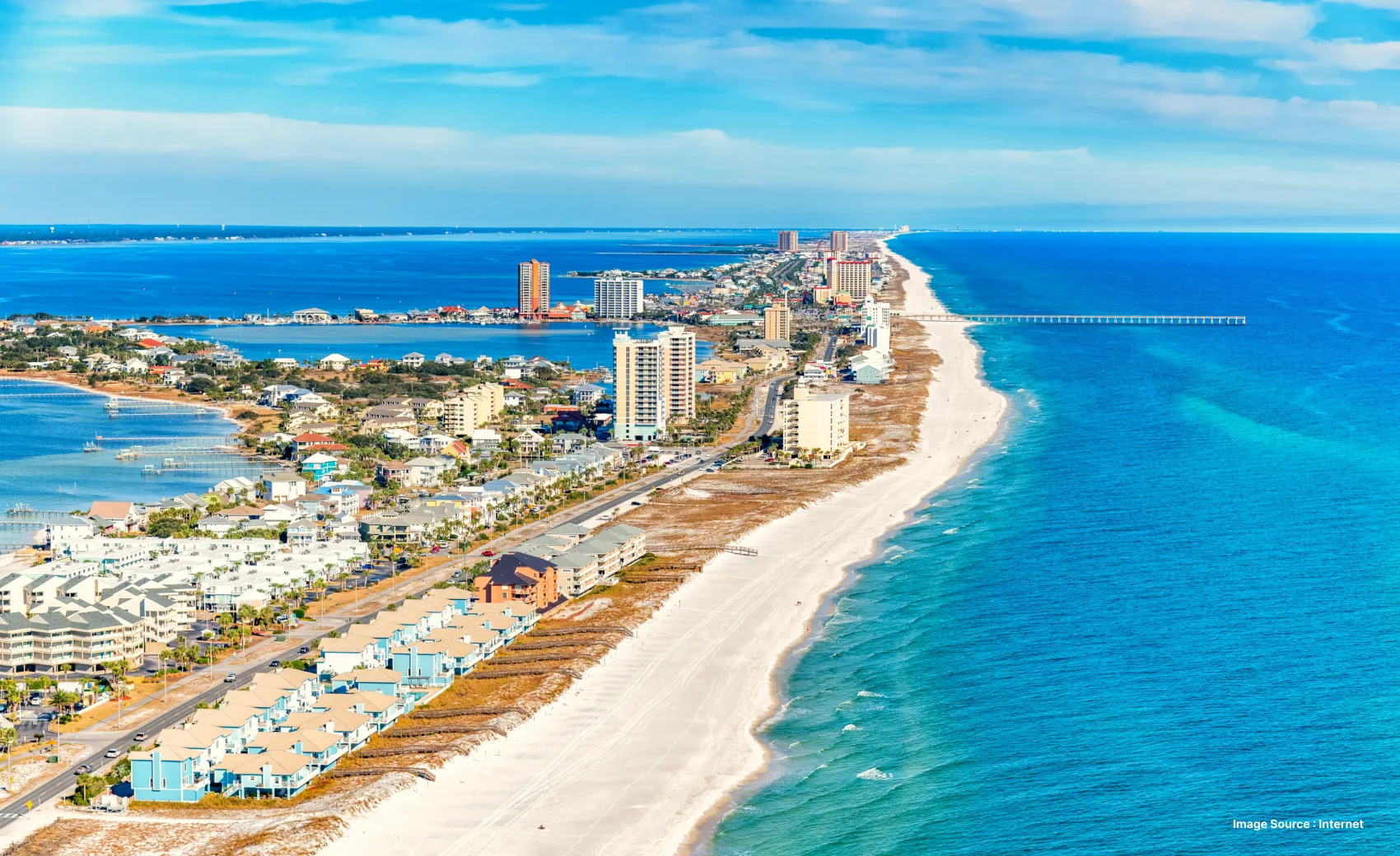 aerial shot of coastline of orlando with many buildings and a clear sky