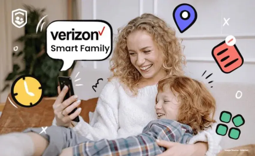 a graphic with doodles and verizon smart family label on a picture of a mother son pair joyfully looking at the phone
