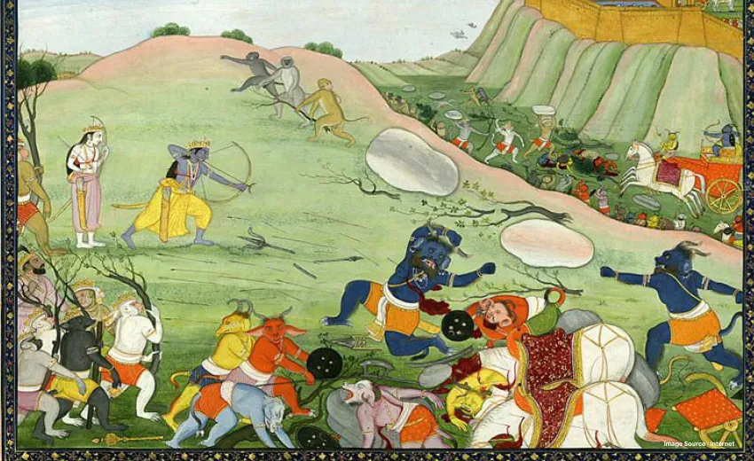 an ancient illustration of the hindu epic ramayana as lord rama kills ravana