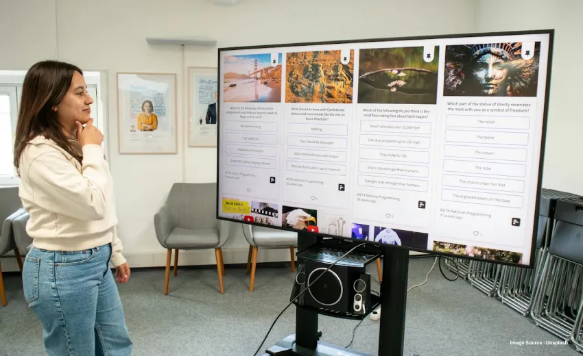 a woman thinking in front of a smart television displaying a questionnaire for travel preferences