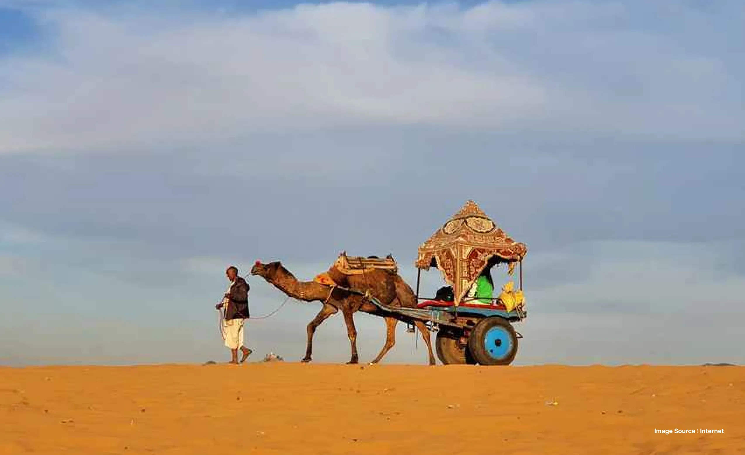 a camel herder guides a decorated camel with a tourist in its pavilion ahead in the golden sand desert of jaisalmer