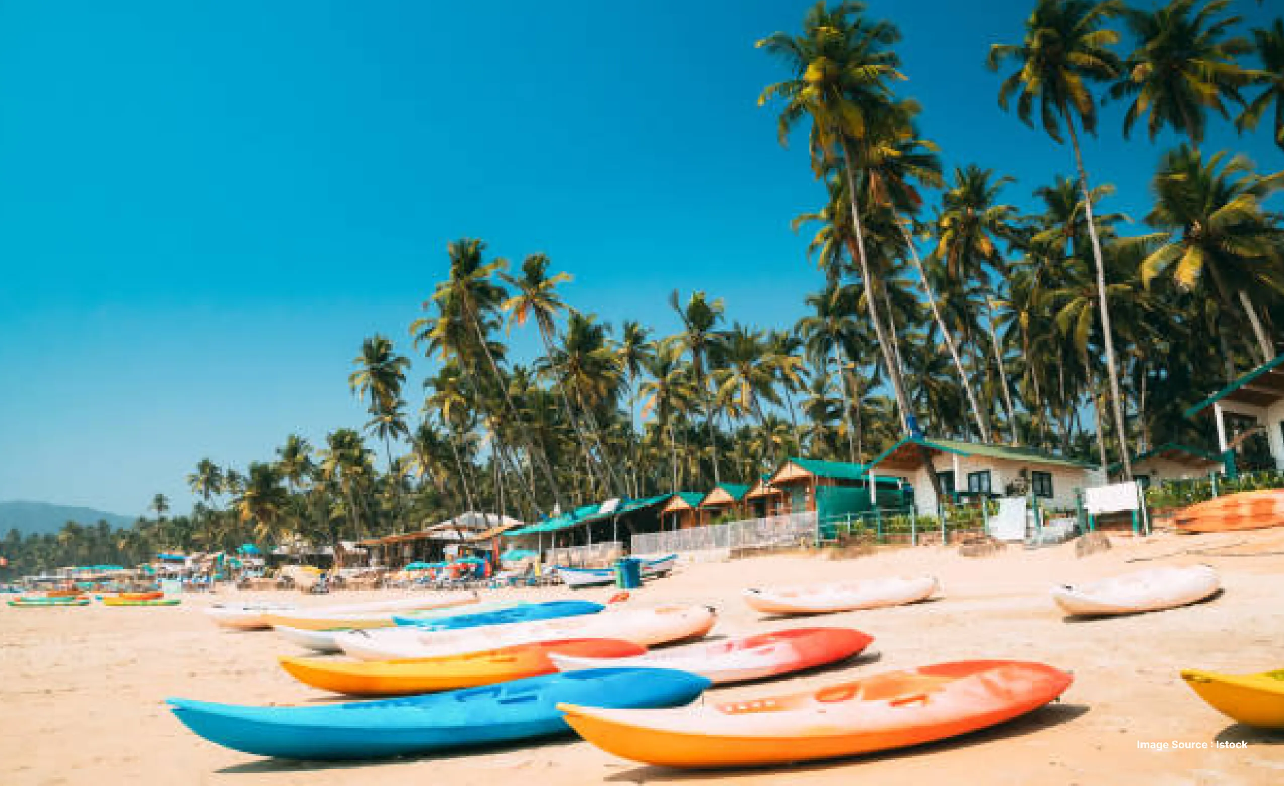 colorful canoes lie on the beach of goa with a lot of tall palm trees in the background