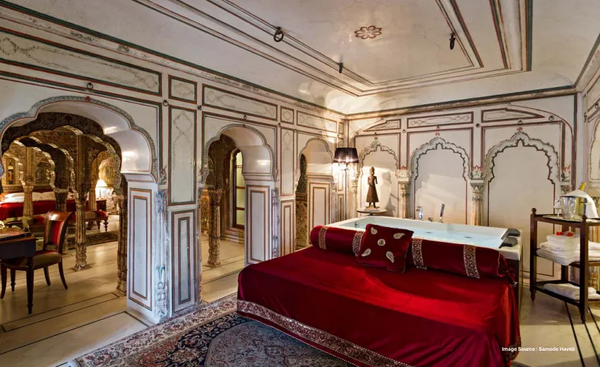 royal interiors of premium suite of the majestic samode haveli